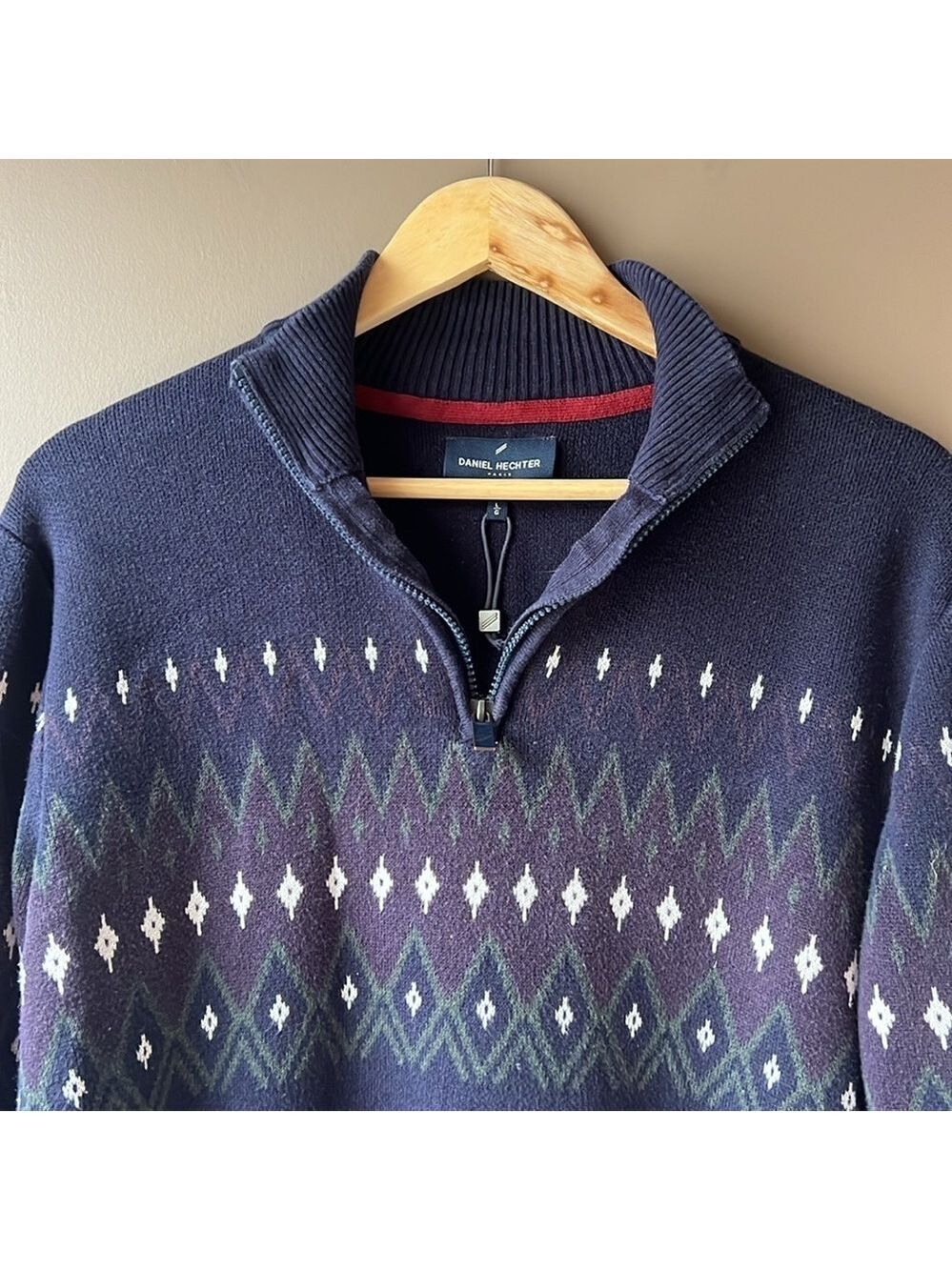 DANIEL HECHTER Navy & Purple Pullover 1/4 Zip Sweater Size Large